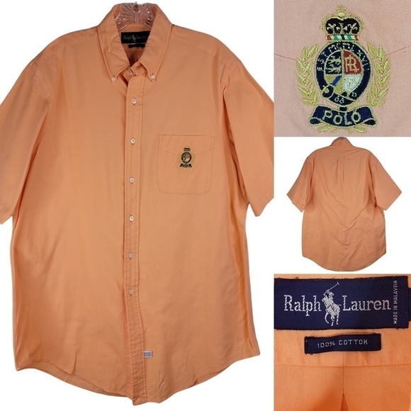 Polo Ralph Lauren Button Down Embroidered Crest  Men's Large Shirt Orange - Picture 1 of 9